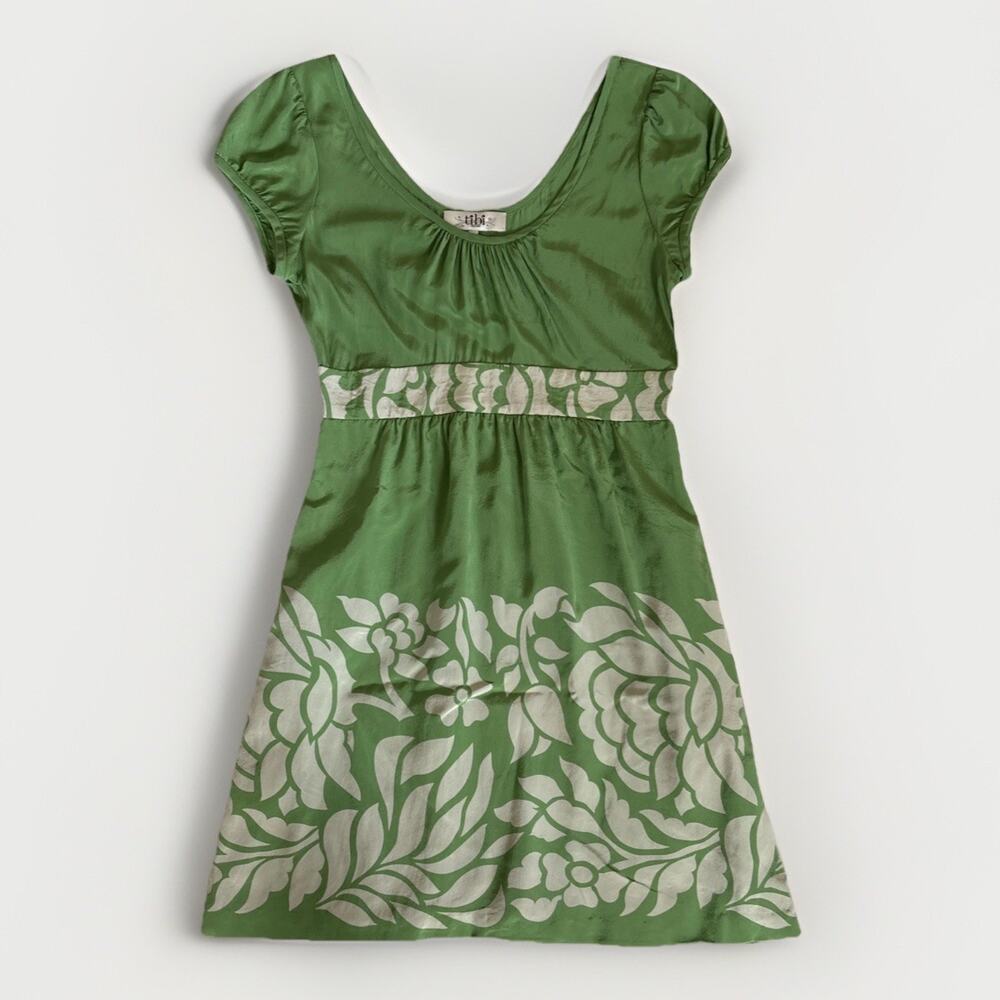 Tibi Silk Green Cream Floral Cap Sleeve Dress Retro Party Wedding Sz 6 Preppy